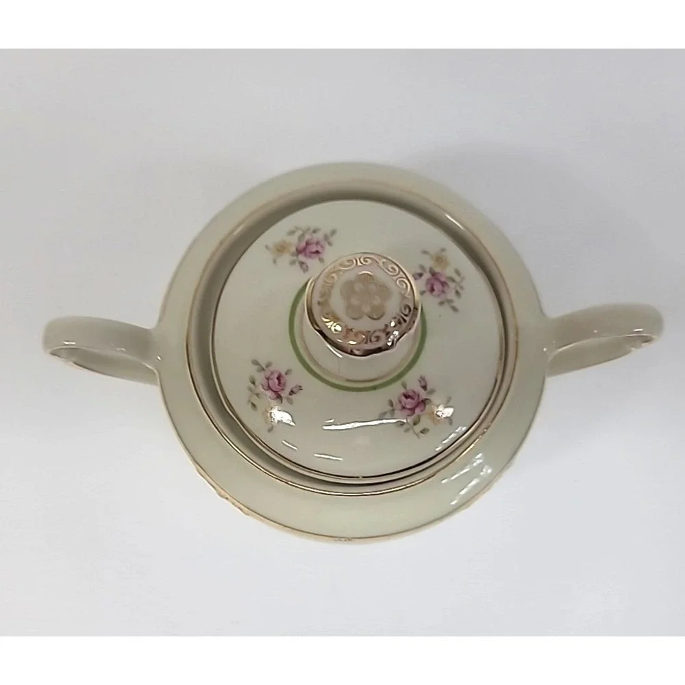 Bavaria Germany US Zone Sugar & Creamer-Ivory w/Pink/Yellow Flowers-Gold Trim